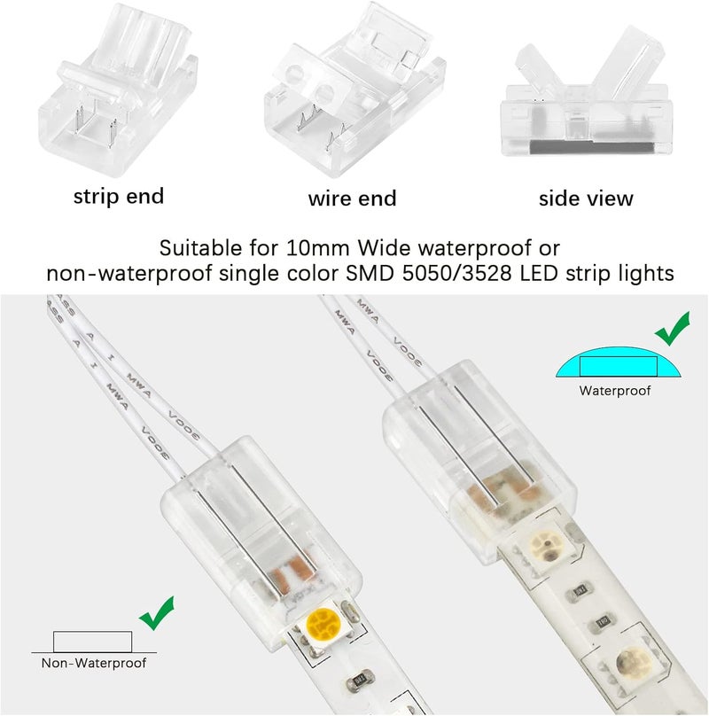 RGBZONE 2 Pin LED Strip Connector Kit, 5pcs 10mm Strip to Wire Connectors and 10m Extension Cable for Waterproof or Non-Waterproof Single Color LED Strip Lights - Image 3